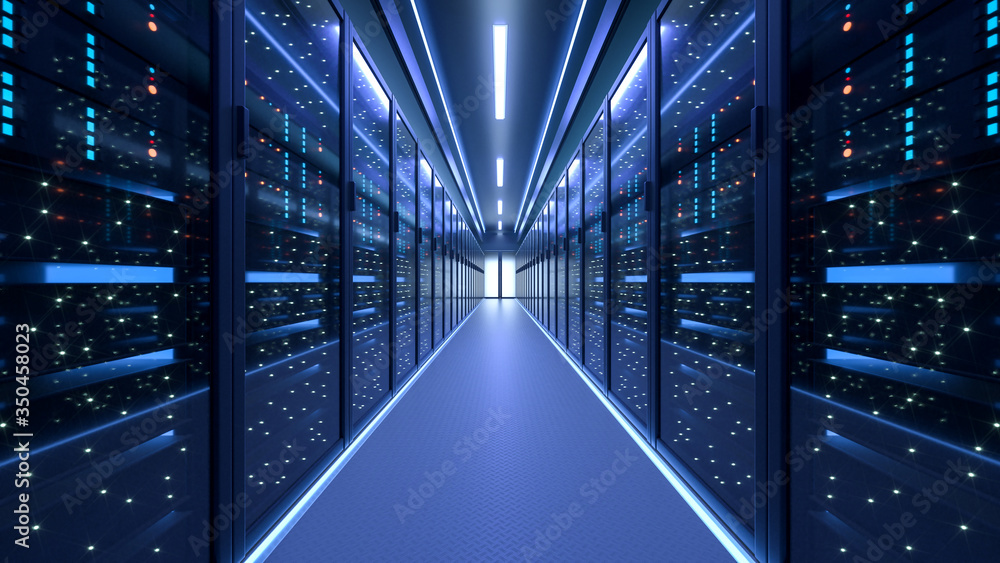 Working Data Center Full of Rack Servers and Supercomputers, Modern Telecommunications, Artificial Intelligence, Supercomputer Technology Concept.3d rendering,conceptual image. - obrazy, fototapety, plakaty 