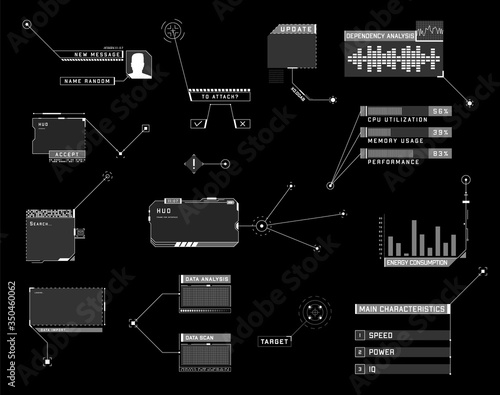 HUD callout UI design elements. Futuristic callout titles. Layout elements for sci-fi design, web, cyber events, video content, information call box. 