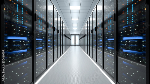 Working Data Center Full of Rack Servers and Supercomputers, Modern Telecommunications, Artificial Intelligence, Supercomputer Technology Concept.3d rendering,conceptual image. photo