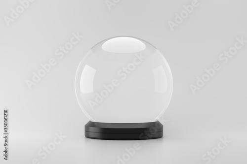 Empty snow globe on white background with magic sphere concept. Realistic snow globe template for design. 3D rendering. photo
