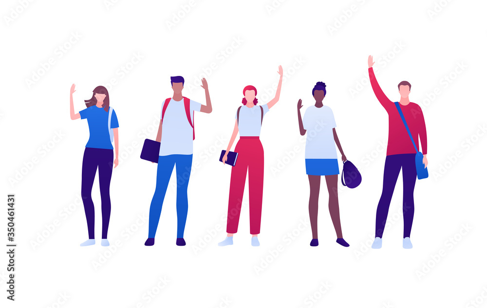 Obraz premium Student lifestyle concept. Vector flat person illustration set. Multi-ethnic young adult people in casual cloth with bag, backpack and notepad. Hi hand gesture. Design for banner, web, infographic.