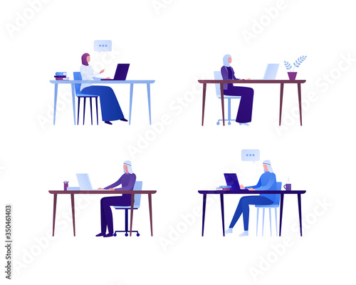 Muslim education in college and office business employee concept. Vector flat person illustration set. Group of sitting people at desk with laptop. Man and womale in hijab. Design for infographic.