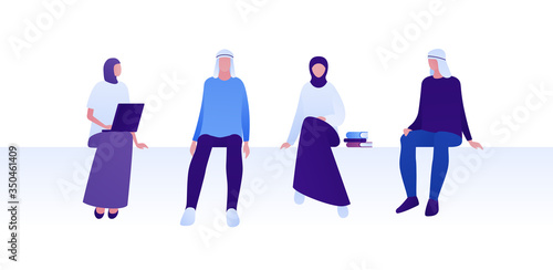 Muslim education in college and office business employee concept. Vector flat person illustration set. Group of sitting student. Man and womale in hijab with book and laptop. Design for infographic.