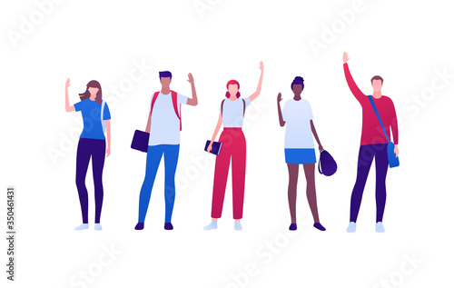 Student lifestyle concept. Vector flat person illustration set. Multi-ethnic young adult people in casual cloth with bag, backpack and notepad. Hi hand gesture. Design for banner, web, infographic.