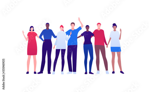 Student lifestyle, diversity and friendship concept. Vector flat person illustration. Multi-ethnic crowd of young adult people in smart casual fashion cloth. Design for banner, web, infographic.