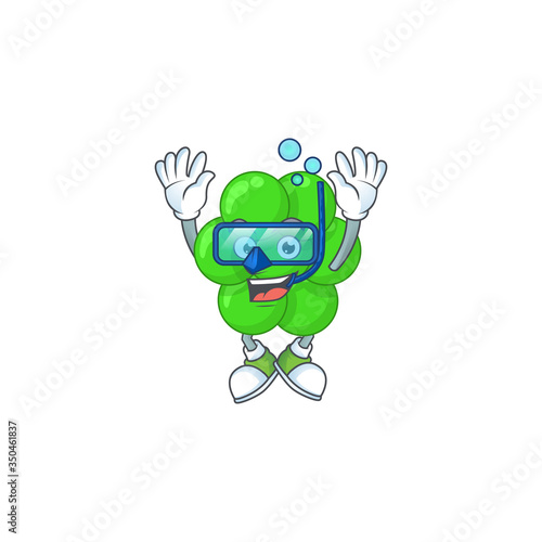 cartoon drawing concept of staphylococcus aureus wearing cool Diving glasses ready to swim