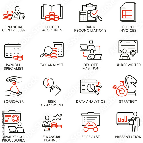 Vector Set of Linear Icons Related to Finance Report, Current Accounting and Finance Jobs. Mono Line Pictograms and Infographics Design Elements