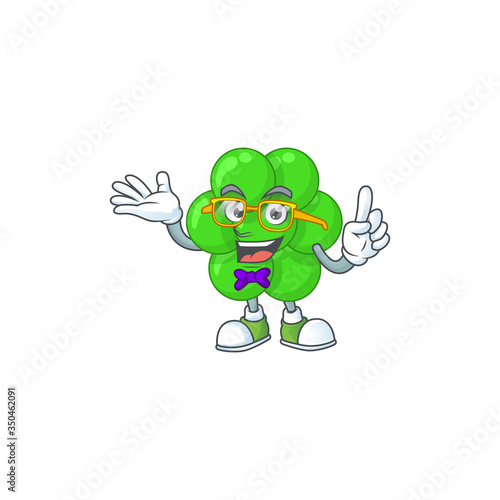 Cartoon character design of nerd staphylococcus aureus with weird glasses