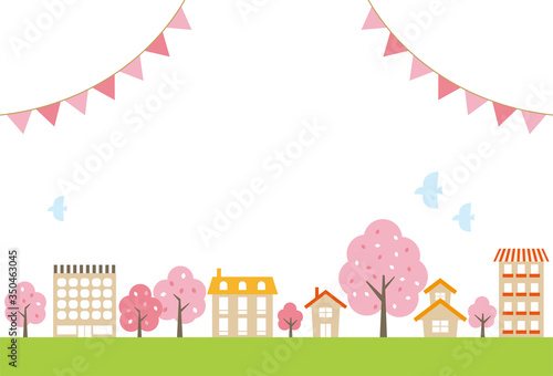 桜の咲く春の街並みのイラスト