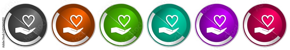 Care love icon set, silver metallic chrome border vector web buttons in ...