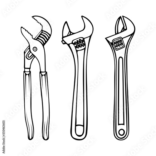 Adjustable wrench hand drawing vector illustrations.  Water pump pliers sketch drawings set.