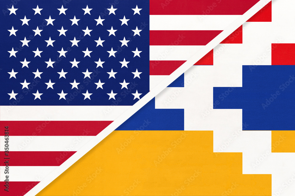 USA and Artsakh national flag from textile. Relationship between two american and asian countries. USA and Artsakh national flag from textile. Relationship between two american and asian countries.