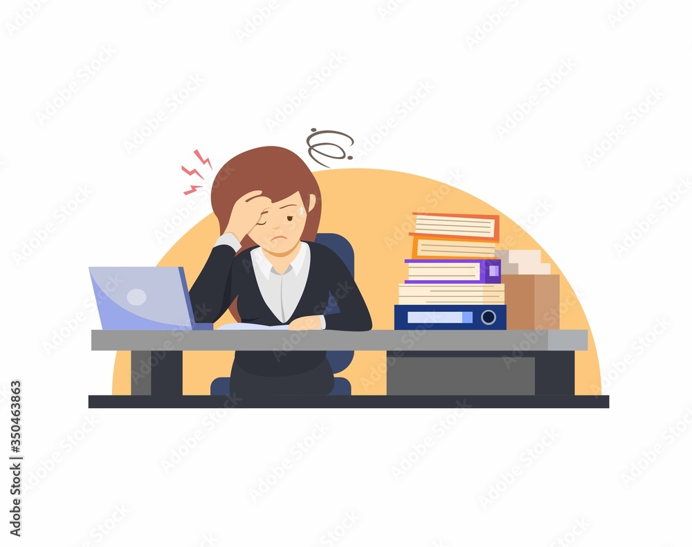 Exhausted female office worker, manager or clerk sitting at desk with full of documents, corporate woman stressed working overtime in cartoon illustration vector Exhausted female office worker, manager or clerk sitting at desk with full of documents, corporate woman stressed working overtime in cartoon illustration vector