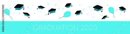Long banner with flying graduation hats and blue balloon. Web element. Graduation university knowledge concept. Hand drawn