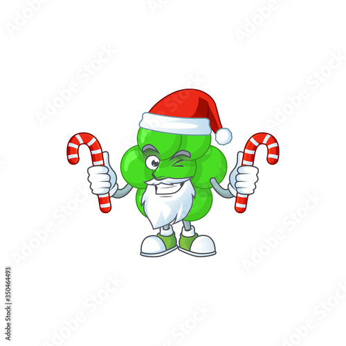 Cartoon character of staphylococcus aureus as a Santa having candies