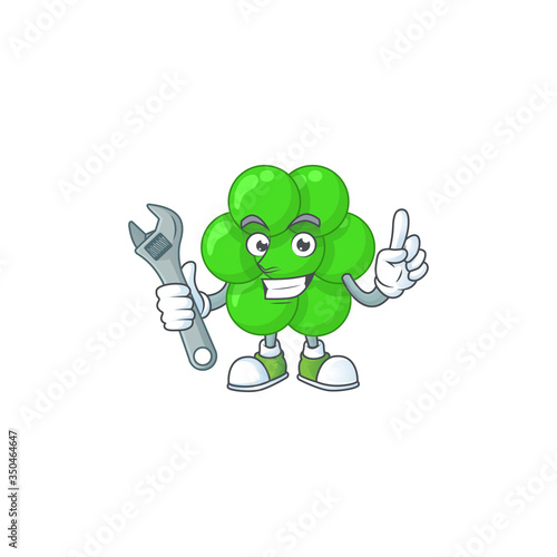 A smart mechanic staphylococcus aureus cartoon mascot design fix a broken machine