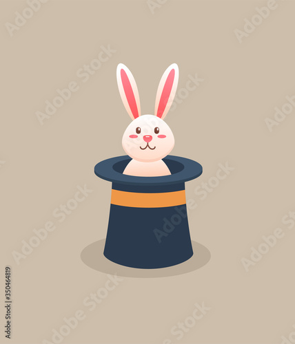 Magic white rabbit in a hat on light beige background. The cute little bunny in black hat. The magic and tricks show concept. Stock flat vector illustration for web and print.