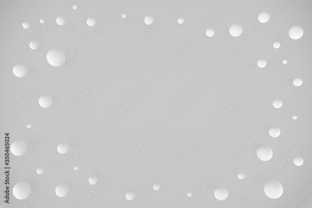 Geometric gray background with light vignetting at the corners with randomly arranged white balls of different sizes around the perimeter, illuminated from the bottom edge. 3D illustration.