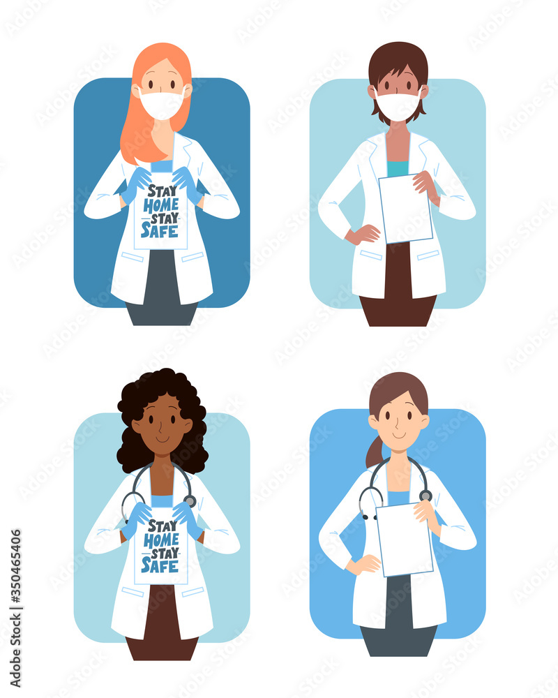 Set of cartoon women doctors of different races in protective masks. Vector flat illustration. Stay home, stay safe. Quarantine motivational poster, banner or print. Coronavirus Covid-19 awareness. Set of cartoon women doctors of different races in protective masks. Vector flat illustration. Stay home, stay safe. Quarantine motivational poster, banner or print. Coronavirus Covid-19 awareness.