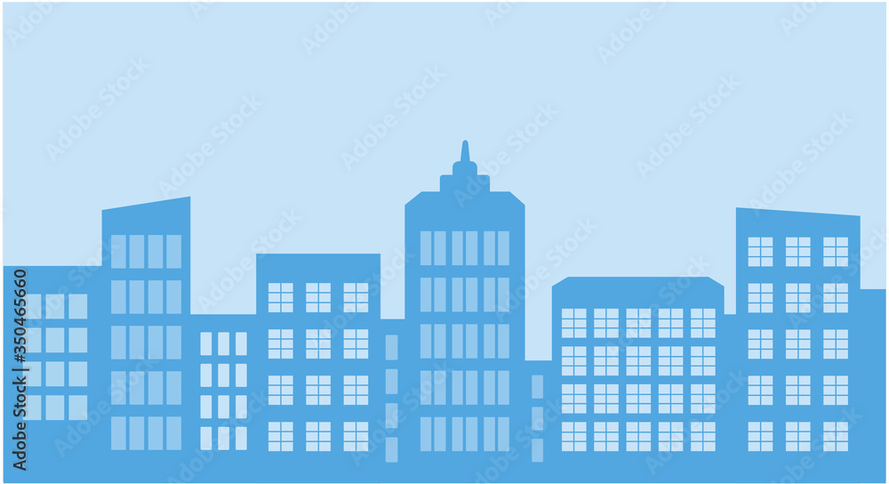 Vector illustration City. High-rise buildings in a flat style. Roofs, windows, walls in blue and blue. Background, screensaver, wallpaper