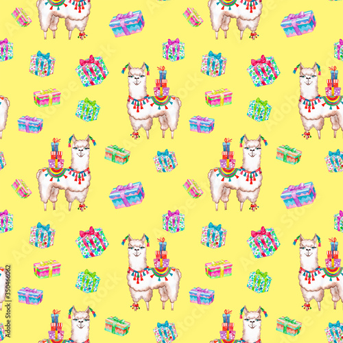 Watercolor drawing.Cute llama, Alpaca, gift boxes.Holiday greetings.Children's illustration, print, Wallpaper, postcard,fabric design.National symbol of Peru.Seamless pattern.Fabric design, Wallpaper