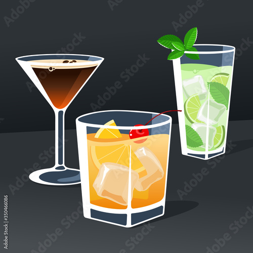 Cocktail Espresso Martini Whiskey Sour Mojito vector illustration