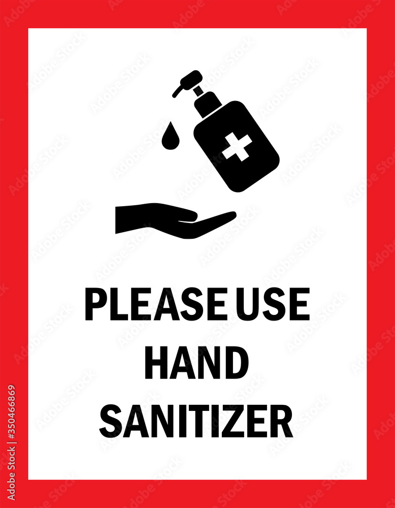 Caution sign. Please use hand sanitizer. Red background. Health care