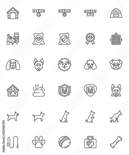 Pet shop line icons set. linear style symbols collection, outline signs pack. vector graphics. Set includes icons as dog breeds, house, collar, canine food, vet aid kit, animal carrier, paw print