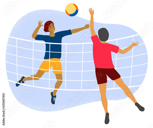 Two men plays volleyball through net. Flat vector stock illustration with a young or adult male volley player with a ball as a concept of friendly game