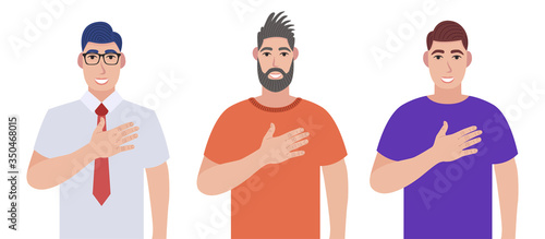 Men expresses they positive feeling to people, keep hands on chest or heart. Character set. Vector illustration in cartoon style.