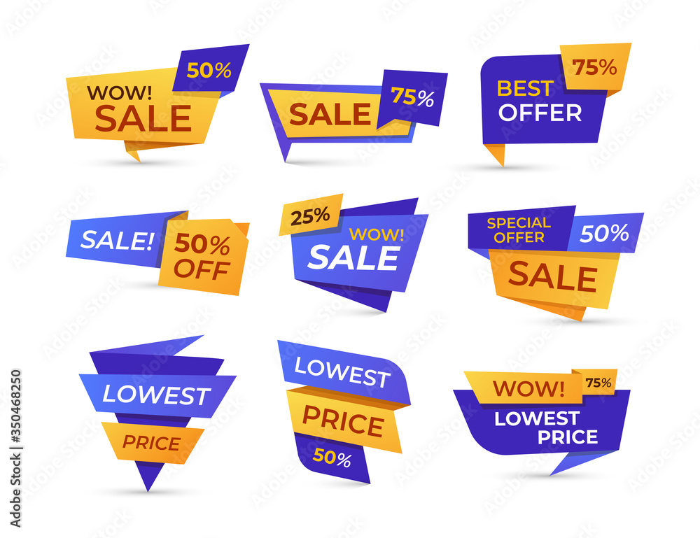 Supermarket sale labels flat icon set. Discount price tag stickers, offer  wow badge isolated vector illustration collection. Promotion and shopping  concept Stock Vector