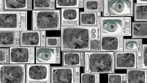 Slow zoom in the wall of several televisions with a static signal gradually replaced by multiple eyes looking at us. Freedom, big brother, surveillance camera, technology, orwell, dictatorship, media