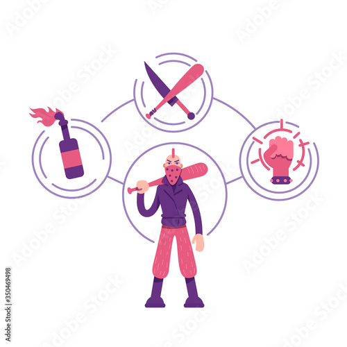 Rebel archetype flat concept vector illustration. Young man with weapon. Aggressive protester 2D cartoon character for web design. Armed demonstrator. Violence and fight creative idea