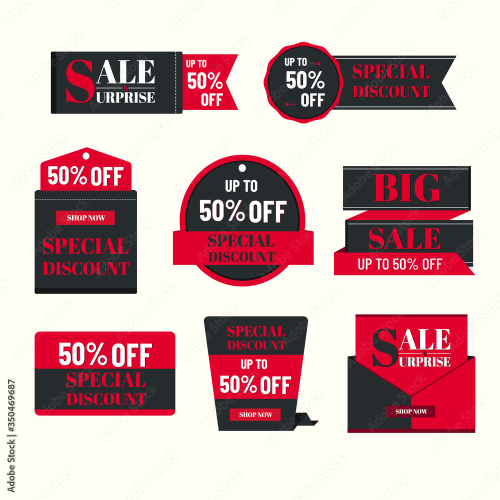 Set of Sale Discount Styled Banners, Labels, Tags, Flat vector design.