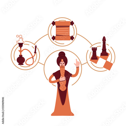 Sage archetype flat concept vector illustration. Indian guru 2D cartoon character for web design. Wisdom and knowledge symbols. Hindu monk. Wise man personality type creative idea