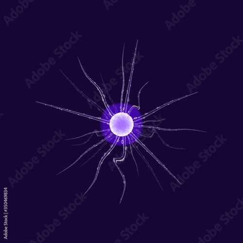 Virus cell realistic vector illustration. Pathogenic circle shape organism with antennas. Microbiological analysis. 3d isolated color microorganism under microscope on dark blue background