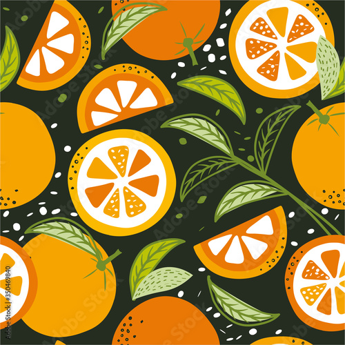 Fresh oranges, leaves, background. Hand drawn overlapping backdrop. Colorful wallpaper vector. Seamless pattern with citrus fruits. Decorative illustration, good for printing
