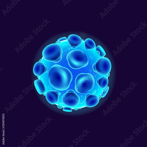 Virus realistic vector illustration. Bacterial cell. Pathogenic organism. Microbiological analysis. 3d isolated color circle shape microorganism. HPV under microscope on dark blue background