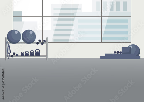 Empty gym flat color vector illustration. Fitness center 2D cartoon interior with equipment for workout on background. Professional sports club with stability balls, dumbbells and no people inside