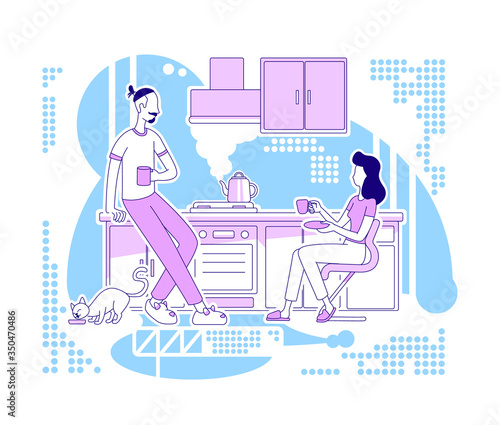 Morning coffee flat silhouette vector illustration. Man and woman in kitchen drink tea. Family recreation inside home. Couple outline characters on blue background. Weekend simple style drawing