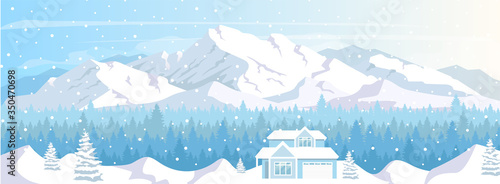 Ski resort house flat color vector illustration. Winter vacation. Lodge in snow mountains landscape. 2D cartoon characters with snowy peaks and coniferous forest on background