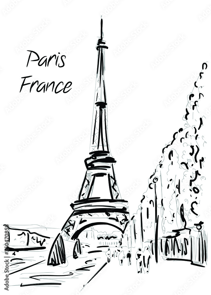 Fototapeta Hand drawn vector illustration - landscape view of the Eiffel Tower, Paris, France