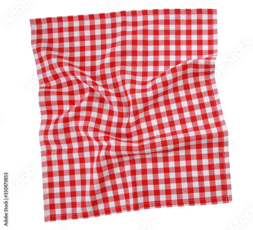 Red checkered square towel top view.Picnic blanket.Dish cloth isolated. photo