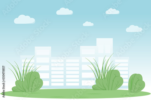 Urban park flat color vector illustration. Garden in city. Summer recreation meadow spot. Skyscraper buildings on horizon. Green lawn 2D cartoon landscape with cityscape on background
