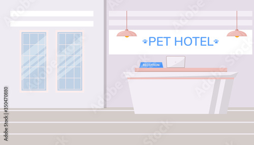Pet hotel flat color vector illustration. Overnight stay for domestic animal. Luxury pet sitting business. Empty modern hall with reception desk. Spa lobby 2D cartoon interior with wall on background