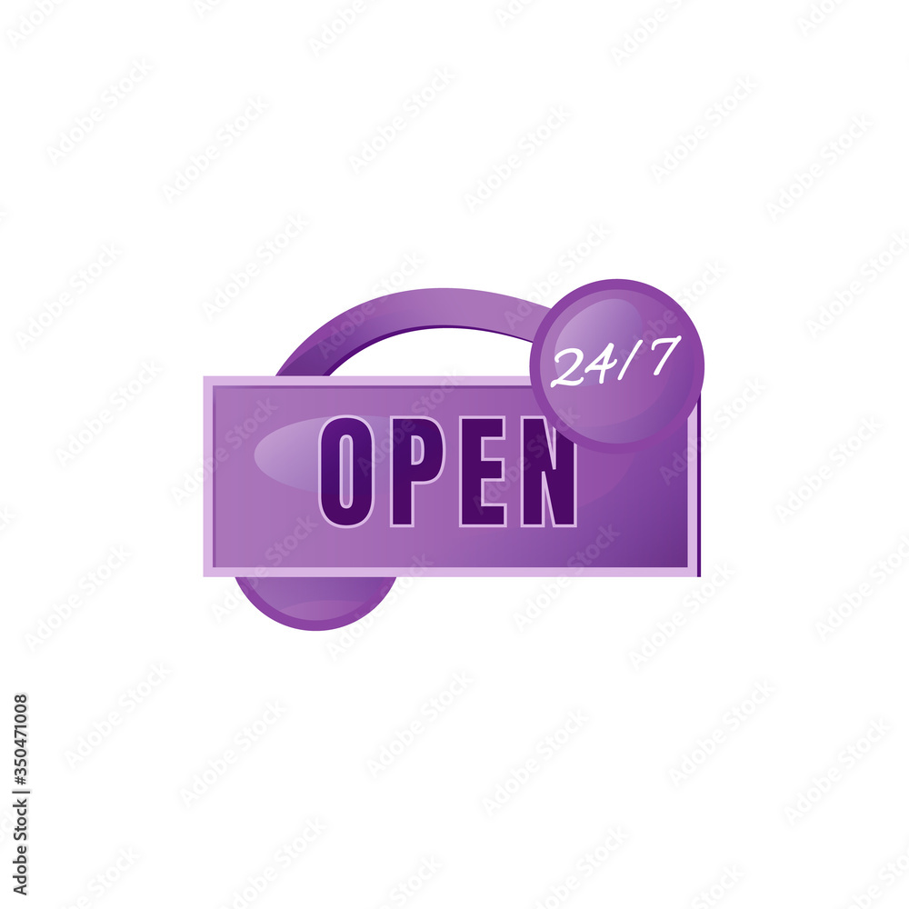 Open 24 hours purple vector board sign illustration. Round the clock shop signboard design with typography. Marketing banner isolated object on white background. Advertising storefront sign Open 24 hours purple vector board sign illustration. Round the clock shop signboard design with typography. Marketing banner isolated object on white background. Advertising storefront sign