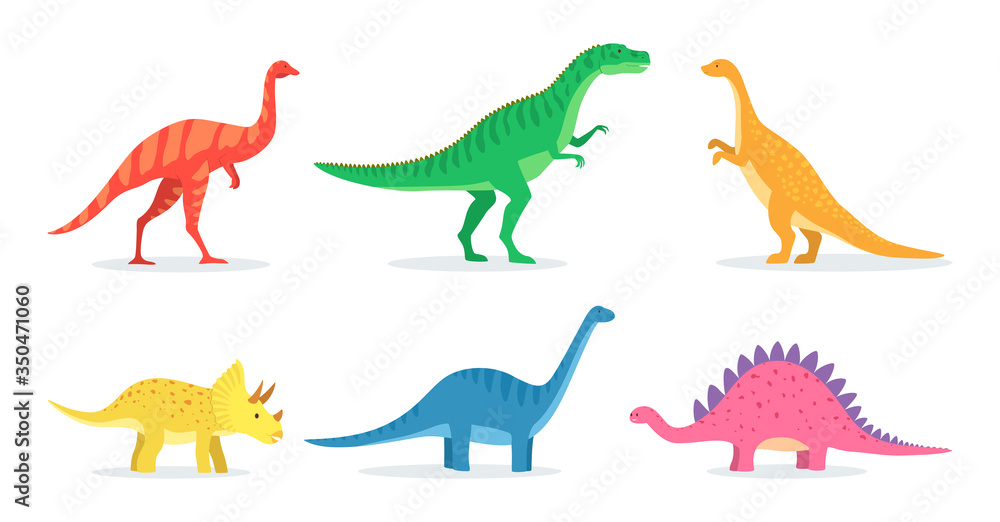 Dinosaurs toys for baby flat icon set. Cute cartoon dino for children learning isolated vector illustration collection. Education and prehistoric reptiles concept - obrazy, fototapety, plakaty 