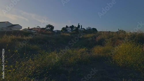 Slow backwards movement from a path at a countryside field photo