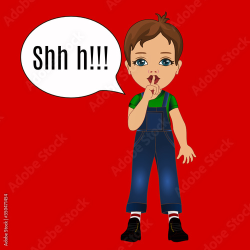 emoji with character shushing shh h to politely tell people to shut up and be quiet to keep silence, boy in color using finger on mouth gesture to stop talking