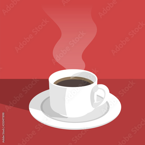 hot black coffee and a puff of hot smoke against a red background. Vector illustration.